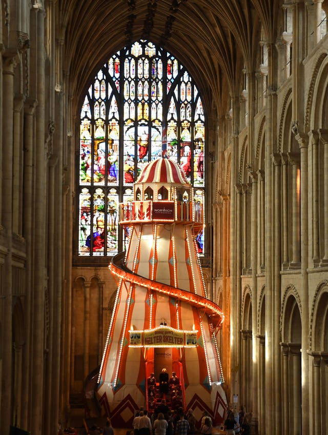 Helter skelter installed inside Norwich Cathedral