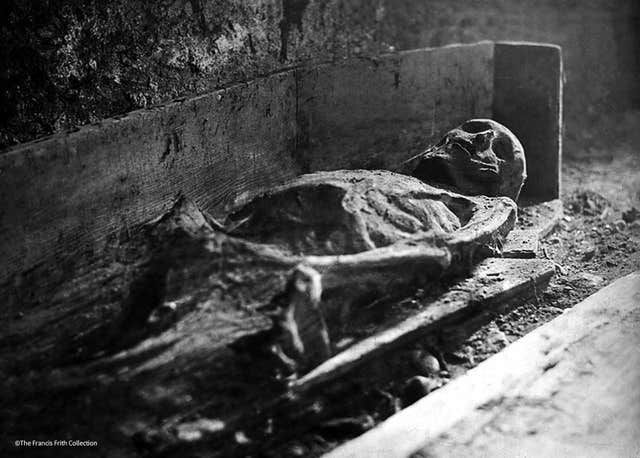 A historic photo of one of the mummies lying in the crypt of St Michan's