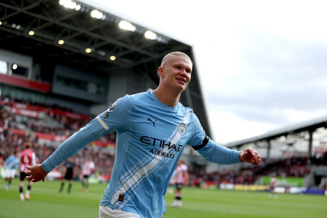 Erling Haaland celebrates scoring a goal for Manchester City