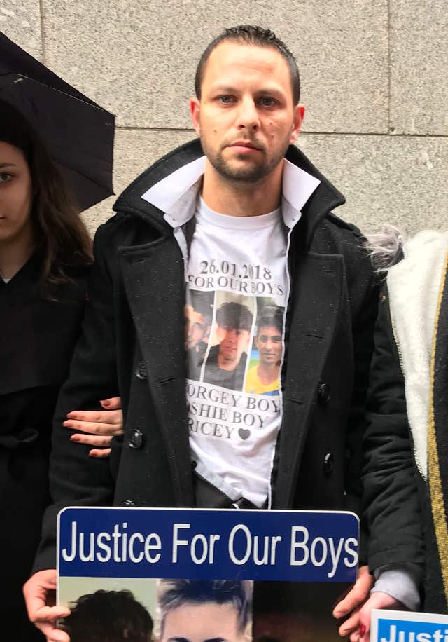 Harry Rice's brother, Matthew, joins protestors outside the Old Bailey (Emily Pennink/PA)