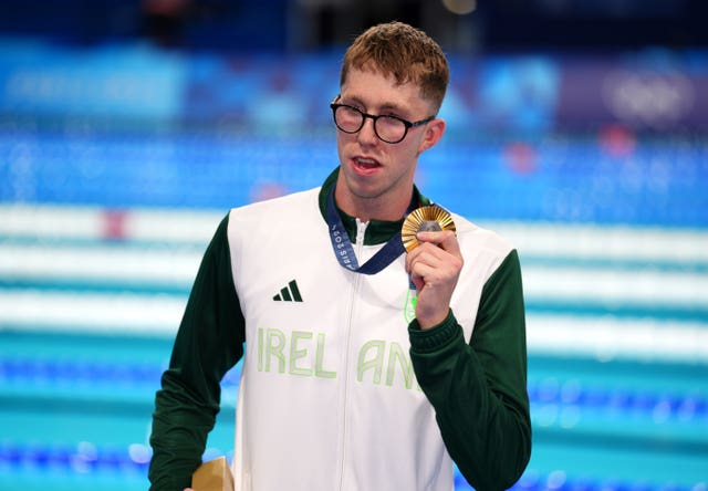 Ireland’s Daniel Wiffen poses with his gold medal