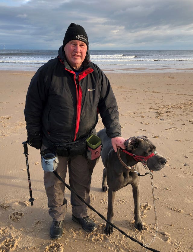 Keith Ritson with his Great Dane Ge-He, who voted Conservative in Blyth Valley, Northumberland 