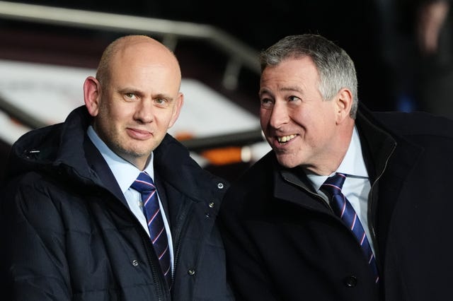 Rangers chief executive Patrick Stewart (left) and Fraser Thornton in the stand