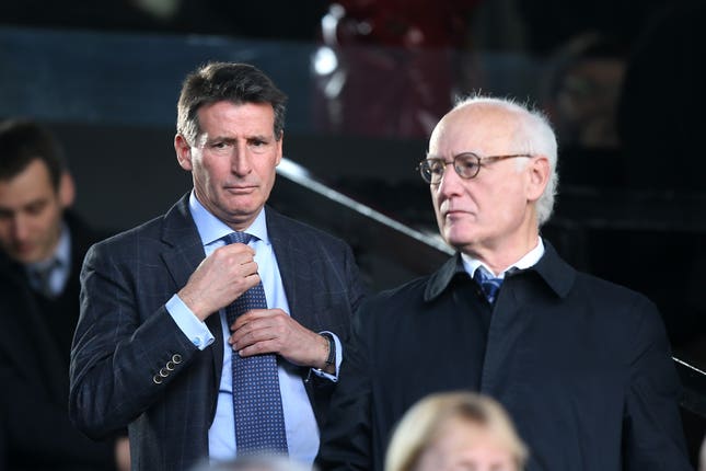 Lord Coe in the Stamford Bridge stands with Chelsea’s Bruce Buck, righ