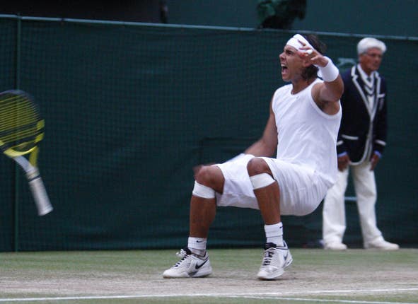 Rafael Nadal celebrates his epic 2008 victory over Roger Federer
