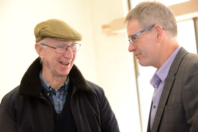 Jack Charlton (left) and Mark Robson during the celebration (Sir Bobby Robson Foundation/PA)