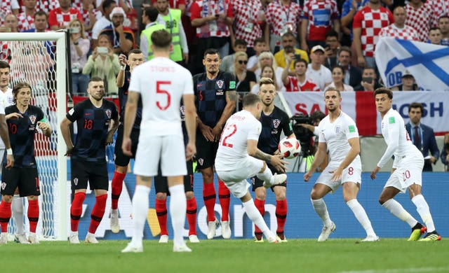 Kieran Trippier, centre, puts England in front against Croatia