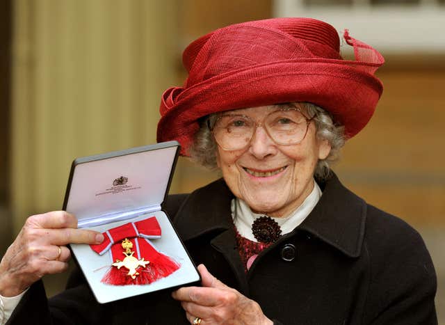 Judith Kerr proudly holds her Order of the British Empire (OBE) medal, after it was presented to her by the Prince of Wales during the Investiture ceremony at Buckingham Palace 