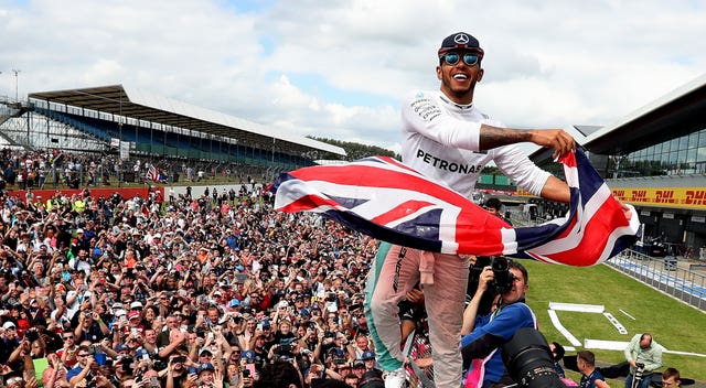 Lewis Hamilton celebrates his victory at the 2016 British Grand Prix