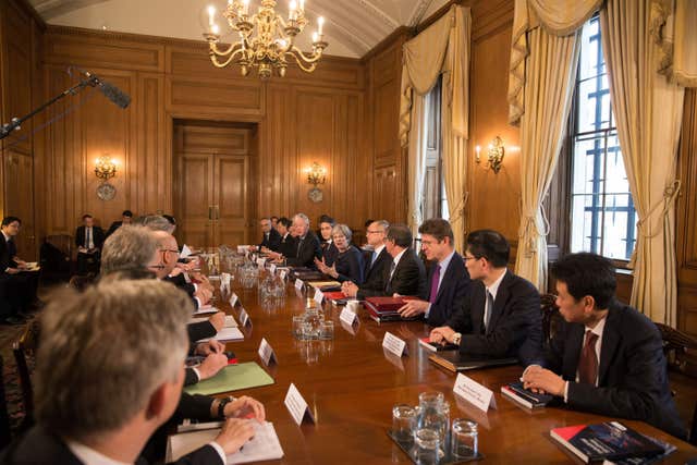 Prime Minister Theresa May hosts a roundtable with Japanese investors in the UK at 10 Downing Street (Daniel Leal-Olivas/PA)