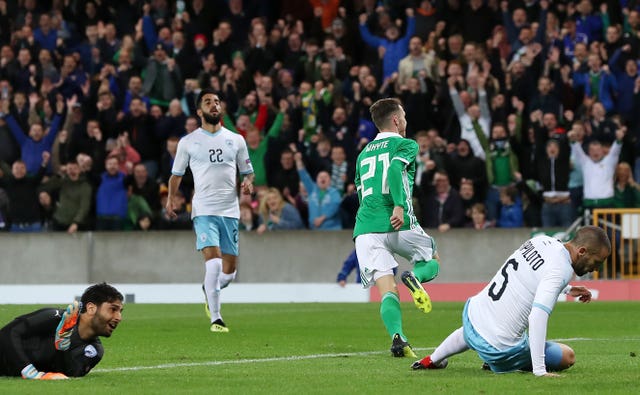 Gavin Whyte celebrates scoring against Israel (Liam McBurney/PA).