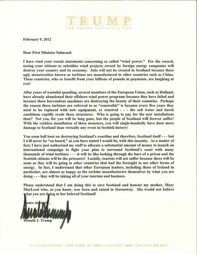 A letter by Donald Trump to then first minister <a href=