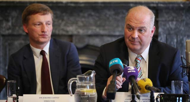 Dr Jerome Coffey and Chief Medical Officer Dr Tony Holohan from the Health Service Executive clinical expert panel during a press conference to address public concern surrounding Ireland's national cervical screening programme (Niall Carson/PA)