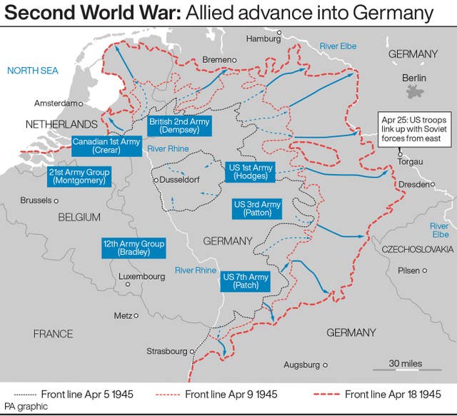 Map showing the Allied advance into Germany