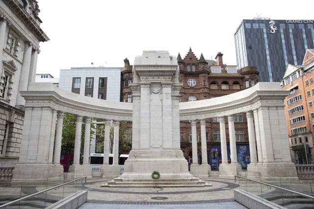 A wreath laid by Belfast Lord Mayor Tina Black and Sinn Fein vice president Michelle O’Neill at the Cenotaph in Donegall Square West in Belfast, marking the anniversary of the first day of the Battle of the Somme in 1916