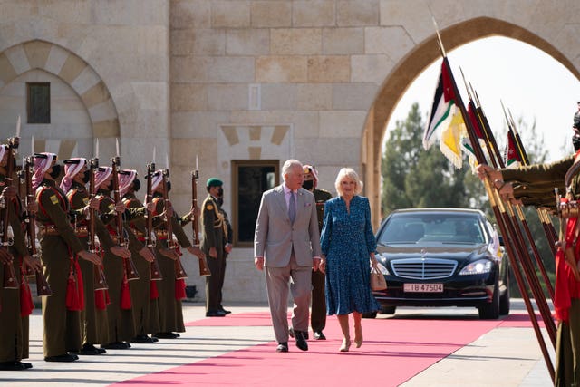 The Prince of Wales and Duchess of Cornwall arrive at the Al Husseiniya Palace