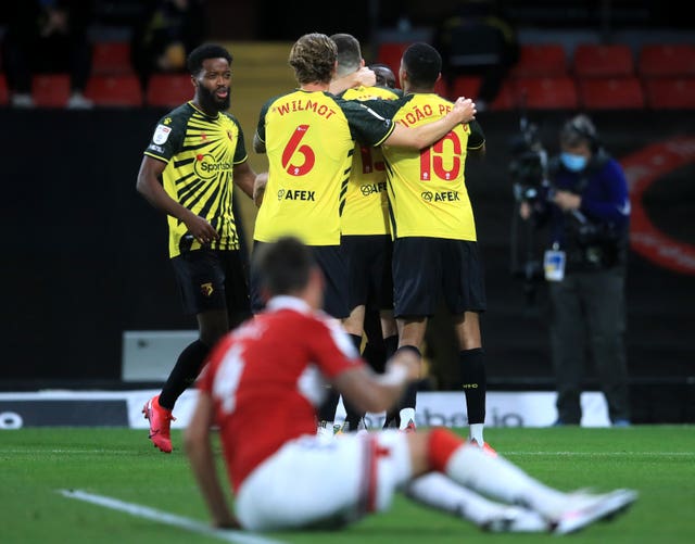 Watford celebrate Craig Cathcart's winner against Middlesbrough