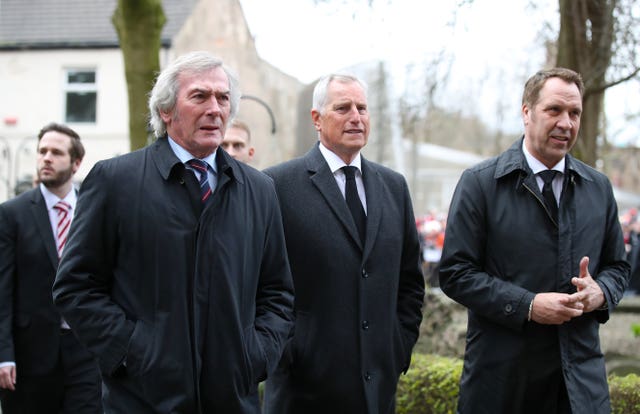 Former goalkeepers Pat Jennings (left), Clemence and Seaman attended the funeral service for Gordon Banks at Stoke Minster during March 2019