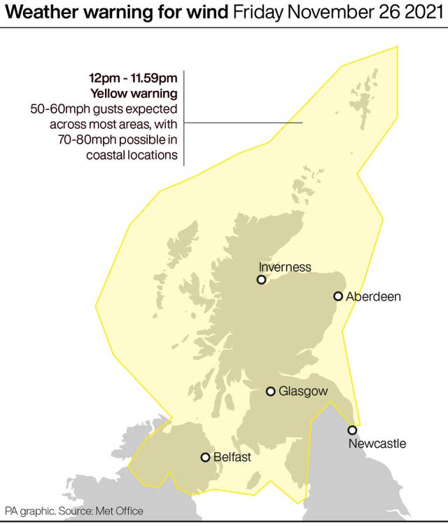 Weather warning for wind Friday November 26 2021