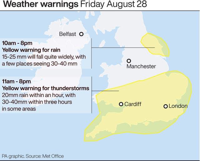 Weather warnings for Friday August 28