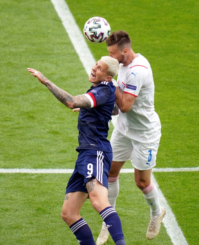 Scotland's Lyndon Dykes had a tough day at Hampden