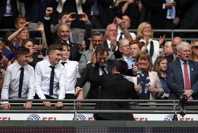 David Wagner and chairman Dean Hoyle after winning the Championship play-off final