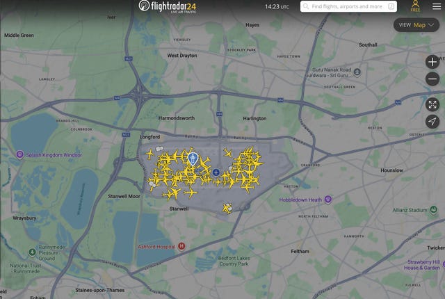 Screen grab taken from flightradar24 showing planes at Heathrow Airport in London. Flights departing the UK have been disrupted by an air traffic control “technical issue”, Nats have said.