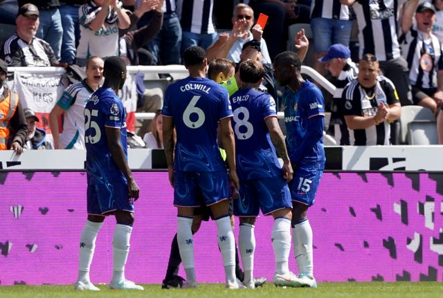 Chelsea’s Nicolas Jackson is sent off during the Premier League match at Newcastle