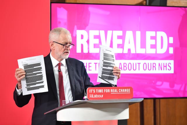 Labour leader Jeremy Corbyn holds a redacted copy of the Department for International Trade’s UK-US Trade and Investment Working Group readout