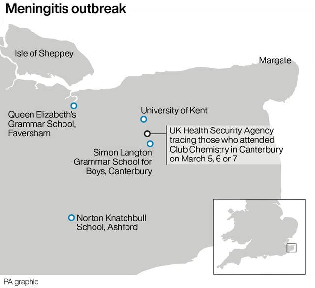 A map showing places affected by a meningitis outbreak in Kent