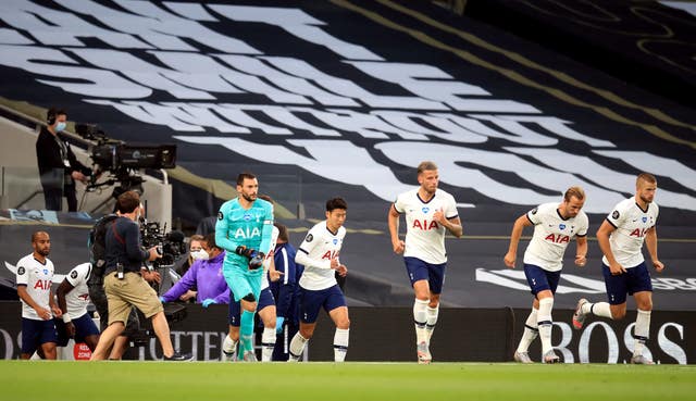 Hugo Lloris, centre left, and Son Heung-min, centre right, come out at the start of the second half 