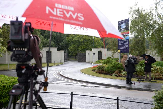 Media outside the Charters Estate in Sunningdale, Berkshire, where police searched Sir Cliff Richard’s apartment