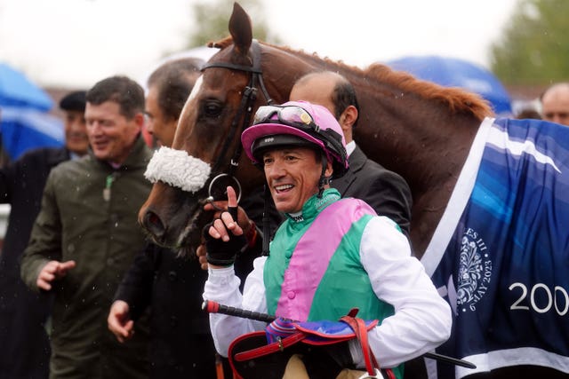 Chaldean with Frankie Dettori and trainer Andrew Balding after winning the 2000 Guineas