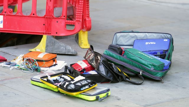 Medical equipment at the scene after three people have been taken to hospital following reports of stabbings at Bishopsgate in London
