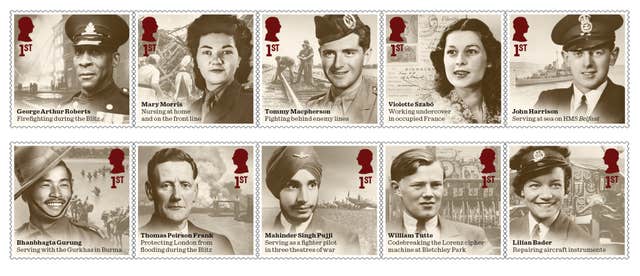 Ten stamps that honour men and women who made extraordinary contributions during the Second World War to mark the 80th anniversary of VE Day