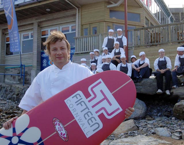 Jamie Oliver outside Fifteen Cornwall at Watergate Bay