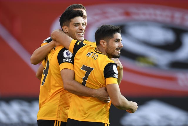 Raul Jimenez (left) celebrates scoring in Wolves' win at Bramall Lane on the opening weekend of the season.