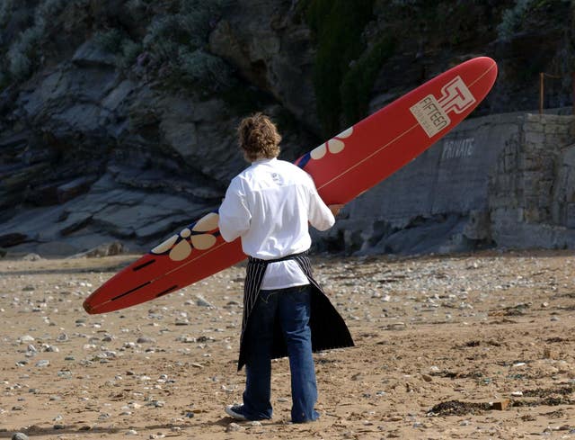 Jamie Oliver on the beach near Fifteen Cornwall