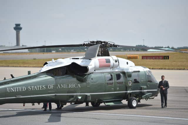 A US Marine Corps helicopter on the tarmac ahead of Mr Trump's arrival at Stansted