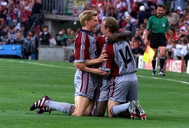 Mario Basler is congratulated after giving Bayern Munich the lead