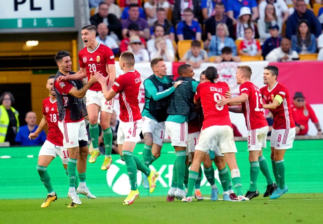Roland Sallai and Hungary celebrate during their 4-0 win over England at Molineux
