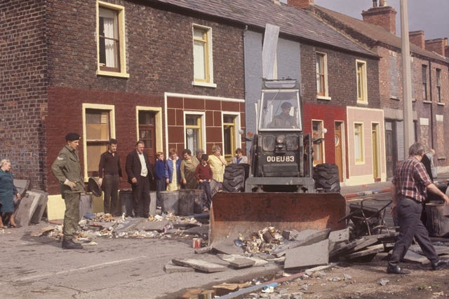 An Army bulldozer clearing debris in Belfast in 1969