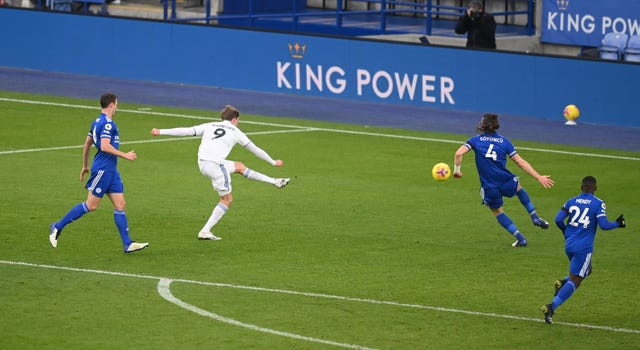 Leeds' Patrick Bamford scores his side's second goal in a 3-1 win at Leicester