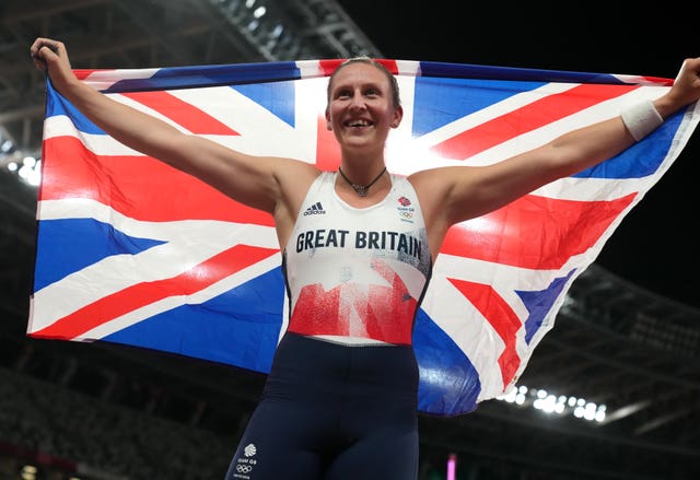 Holly Bradshaw celebrates her bronze medal