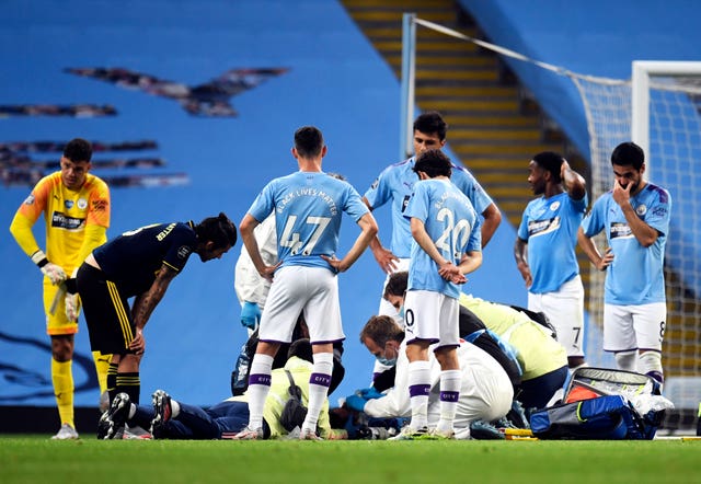 Manchester City's Eric Garcia received lengthy treatment after colliding with goalkeeper Ederson 