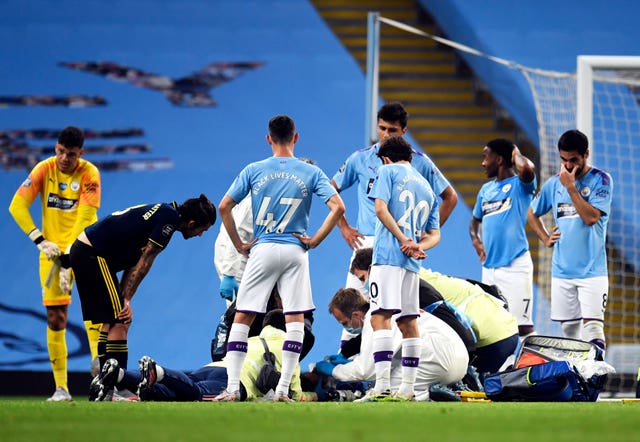 Manchester City's Eric Garcia received lengthy treatment after colliding with goalkeeper Ederson