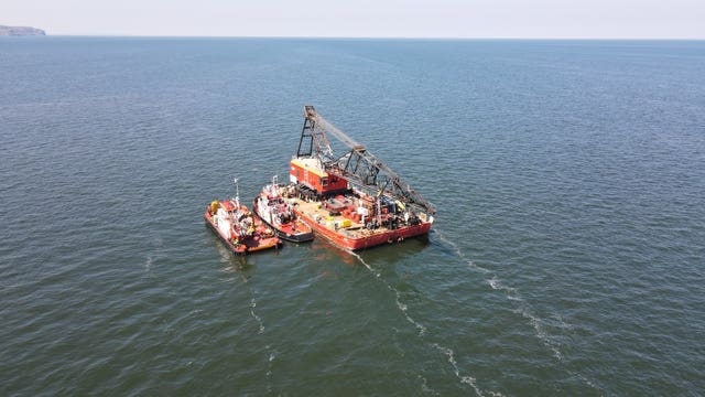 The wreck of sunken fishing vessel Nicola Faith, which went missing off the coast of Colwyn Bay in January, being raised from the seabed by the Marine Accident Investigation Branch