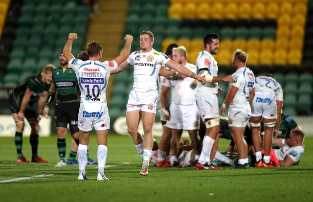 Exeter Chiefs celebrate a 22-19 victory away to Northampton Saints at the beginning of September