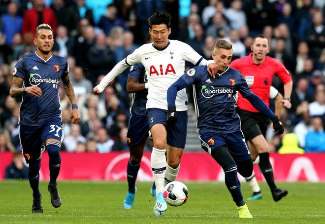 Watford's Gerard Deulofeu, right, was denied a clear penalty against Spurs