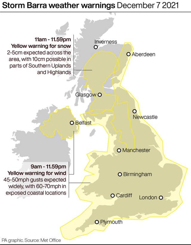 Storm Barra weather warnings December 7